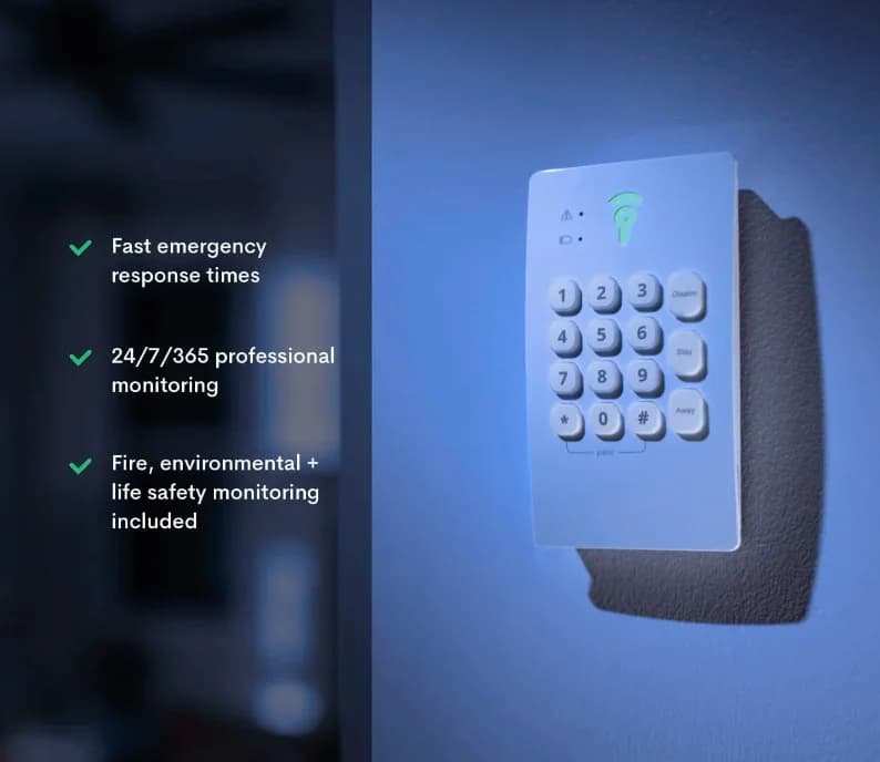 Frontpoint keypad glowing at night with fast emergency response, 24/7 monitoring and life safety features listed